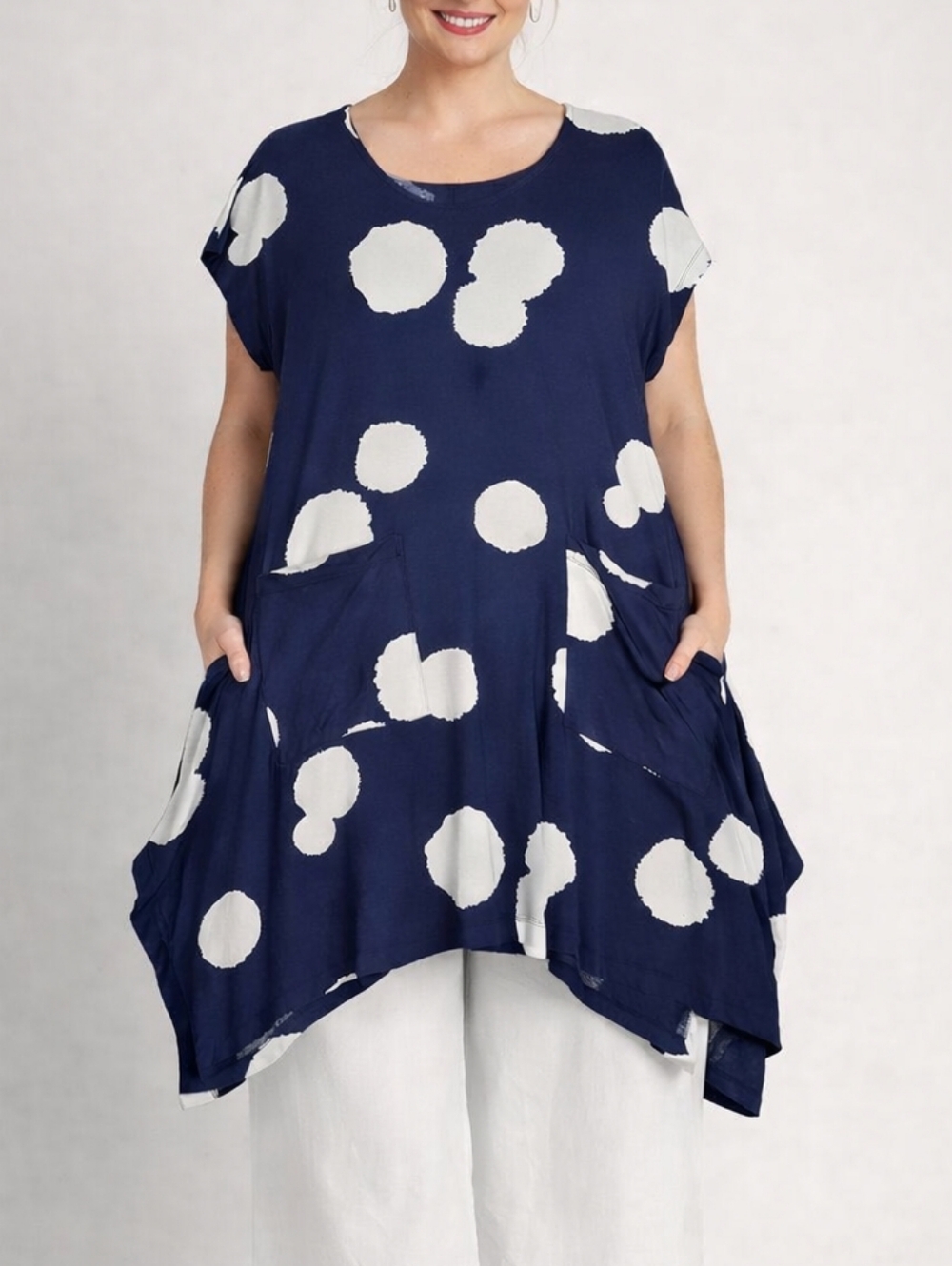 Alembika Navy Blue Polka Dot Pocket Tunic Dress Assymetric Hem